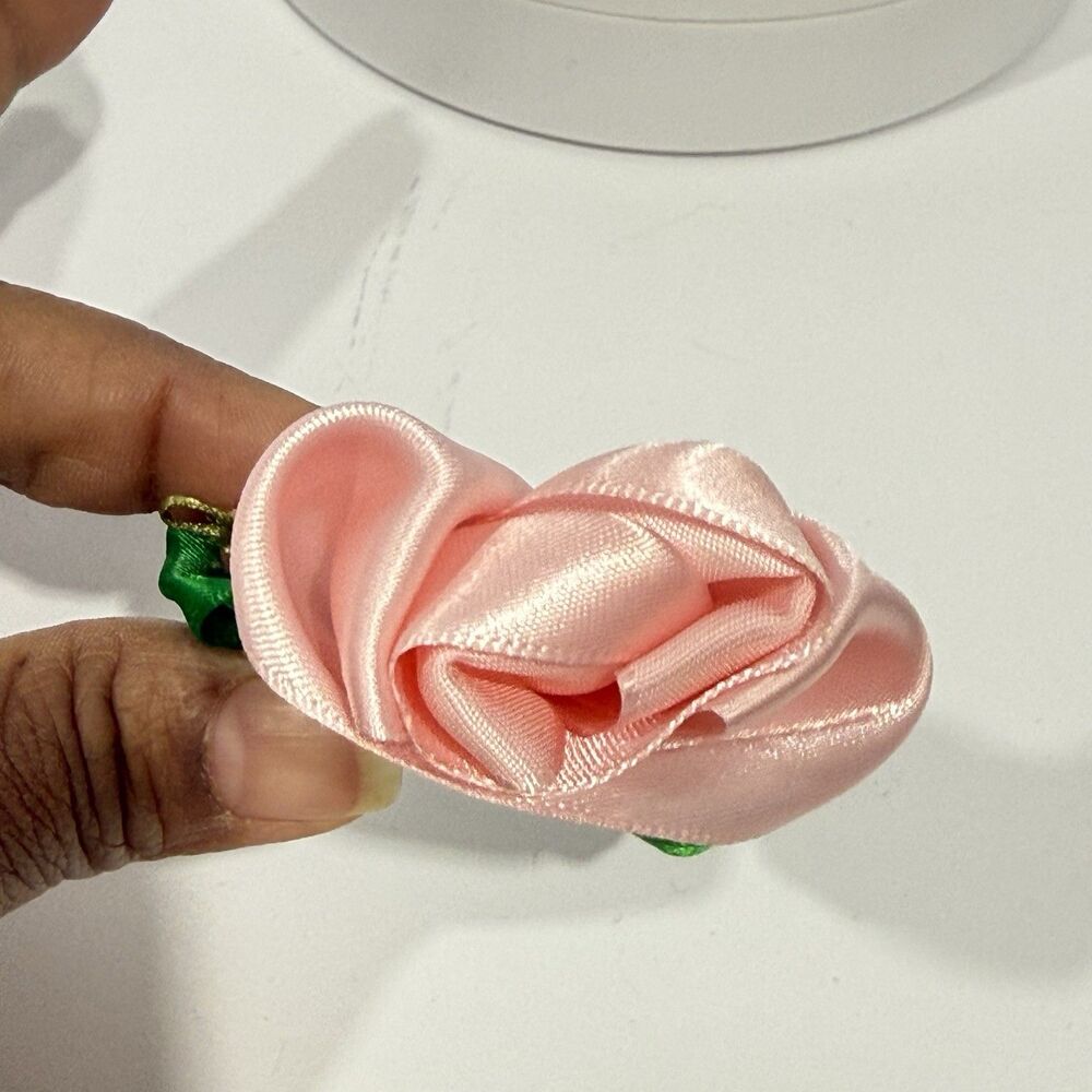 Handmade Satin Rose Hair Clip Pink Flower Green Bow Romantic Cottagecore 2.5 In - Picture 5 of 11
